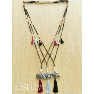 three color tassels elephant bronze caps bead necklace